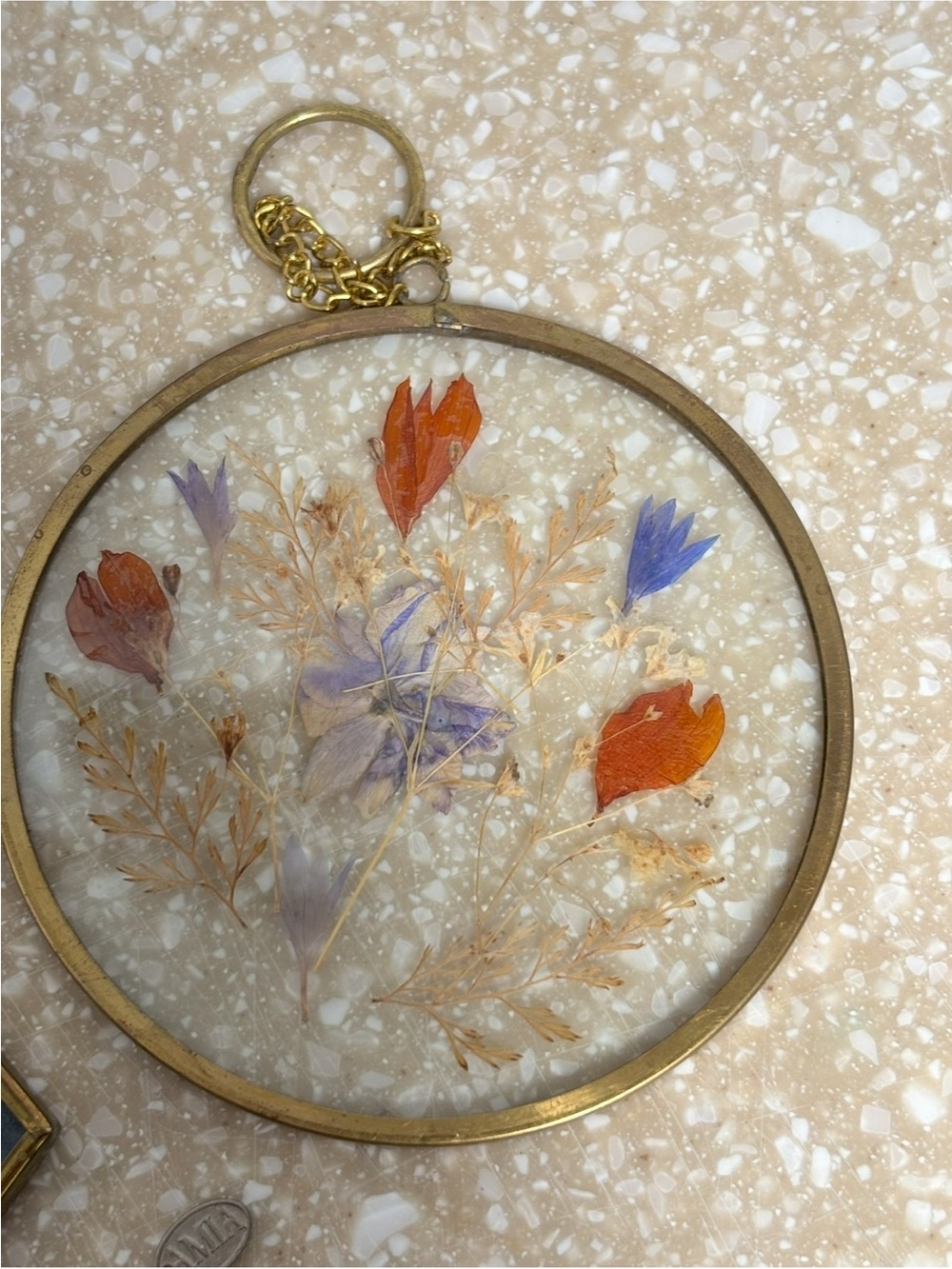 Pressed Flower Brass Frame Keychain - Orange & Lavender Blooms